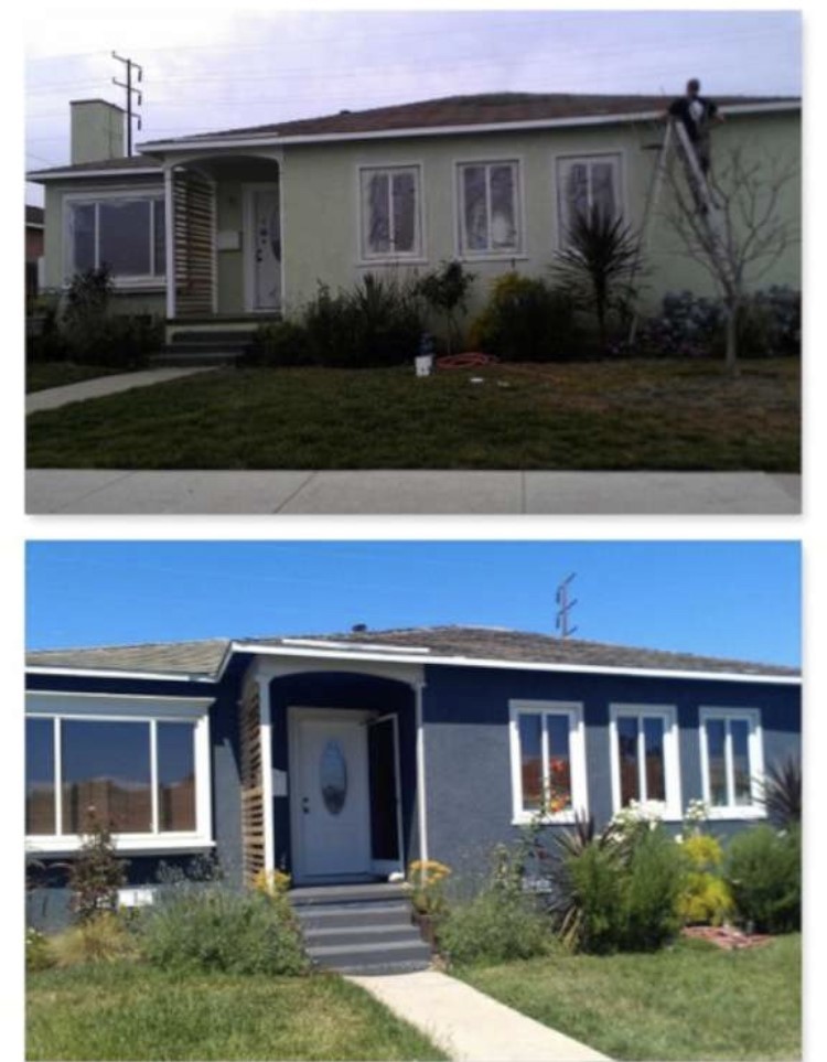 Two images showcasing the striking transformation of the house, capturing its original state and the fresh, modern look after being painted in gray