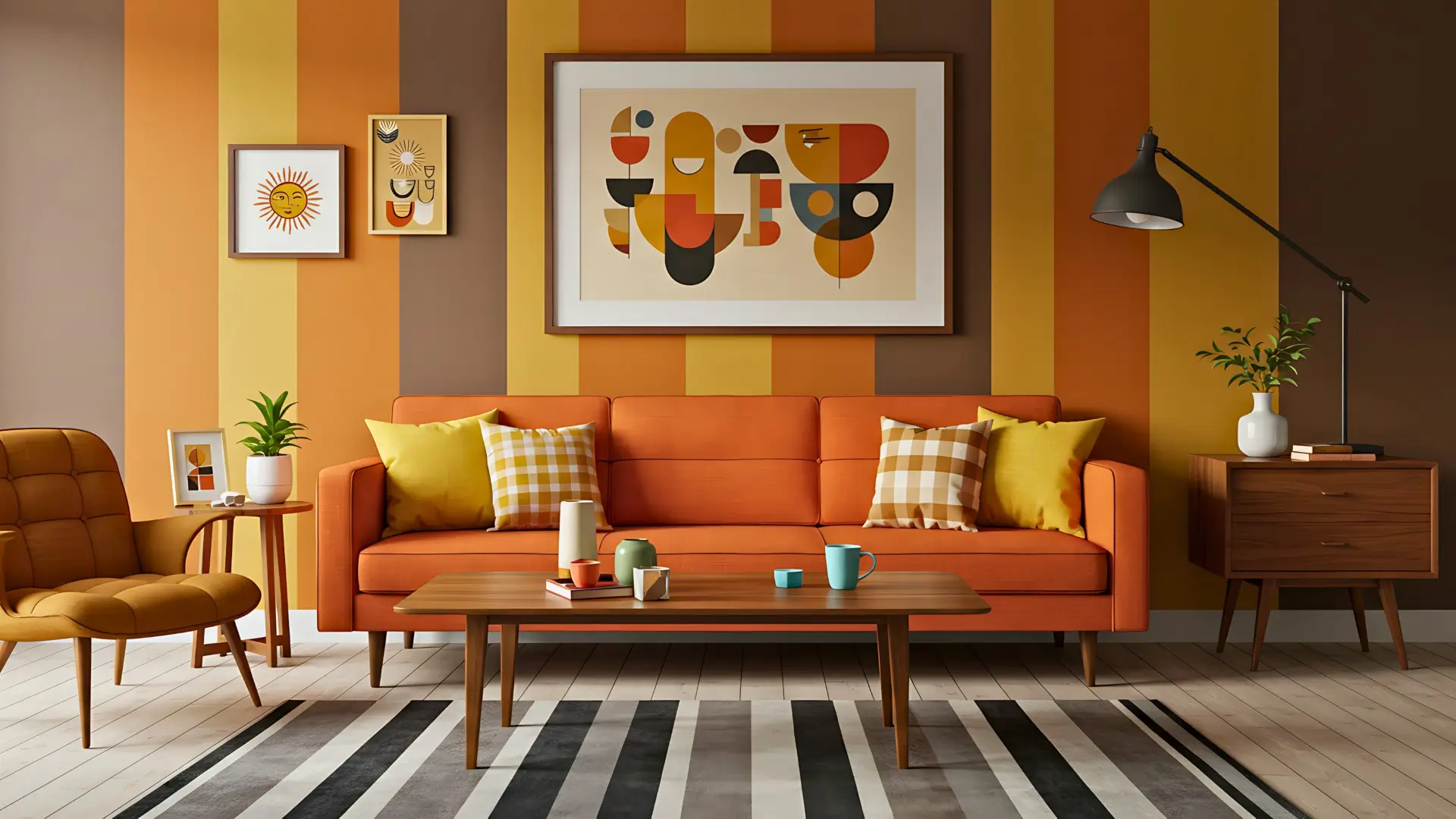 70s style inspired living room with orange yellow and brown colors.