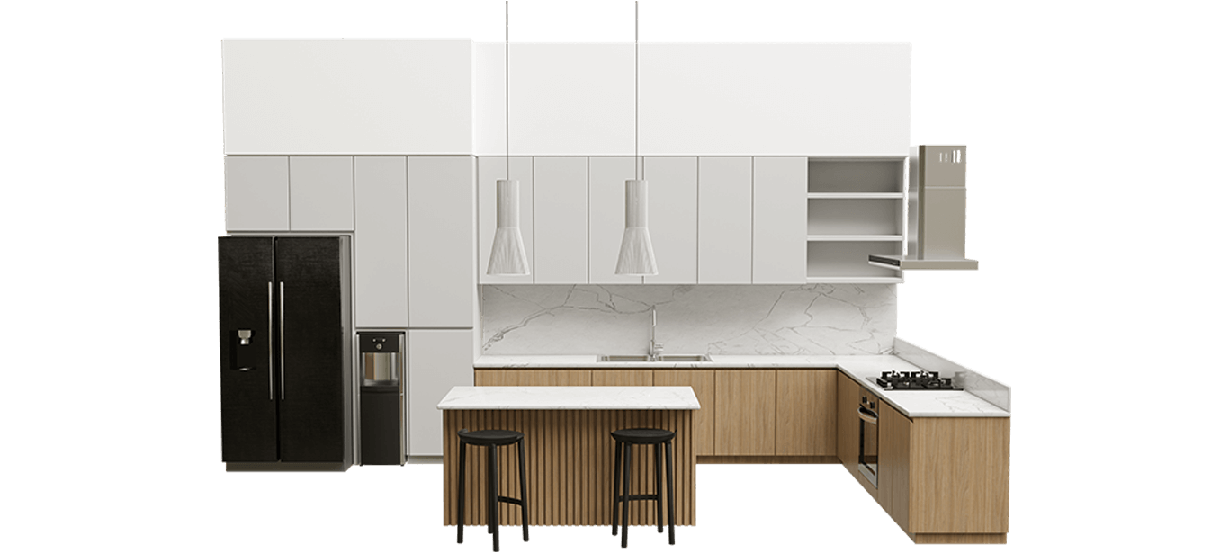 A luxurious kitchen and its appliances are isolated on a transparent background.