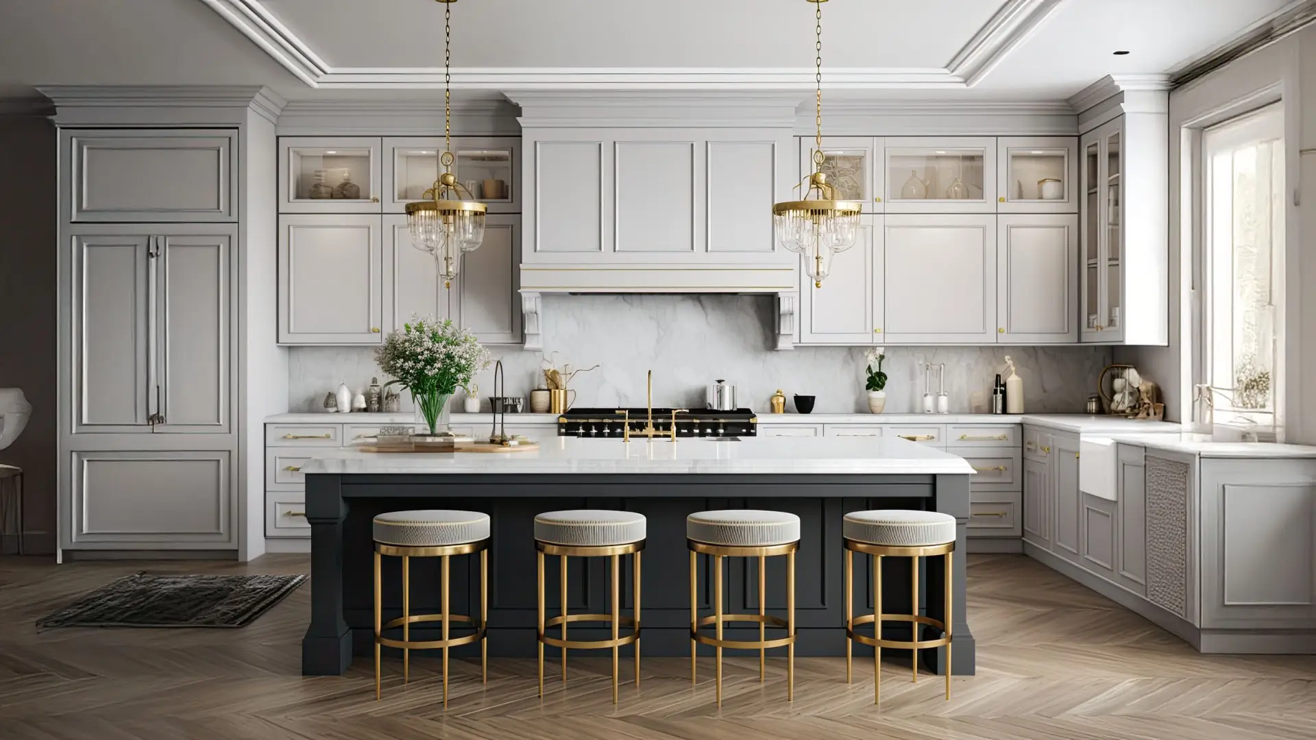 A luxurious kitchen with a large island, gold faucet and sputnik chandelier, stainless steel appliances, and white marble countertops.
