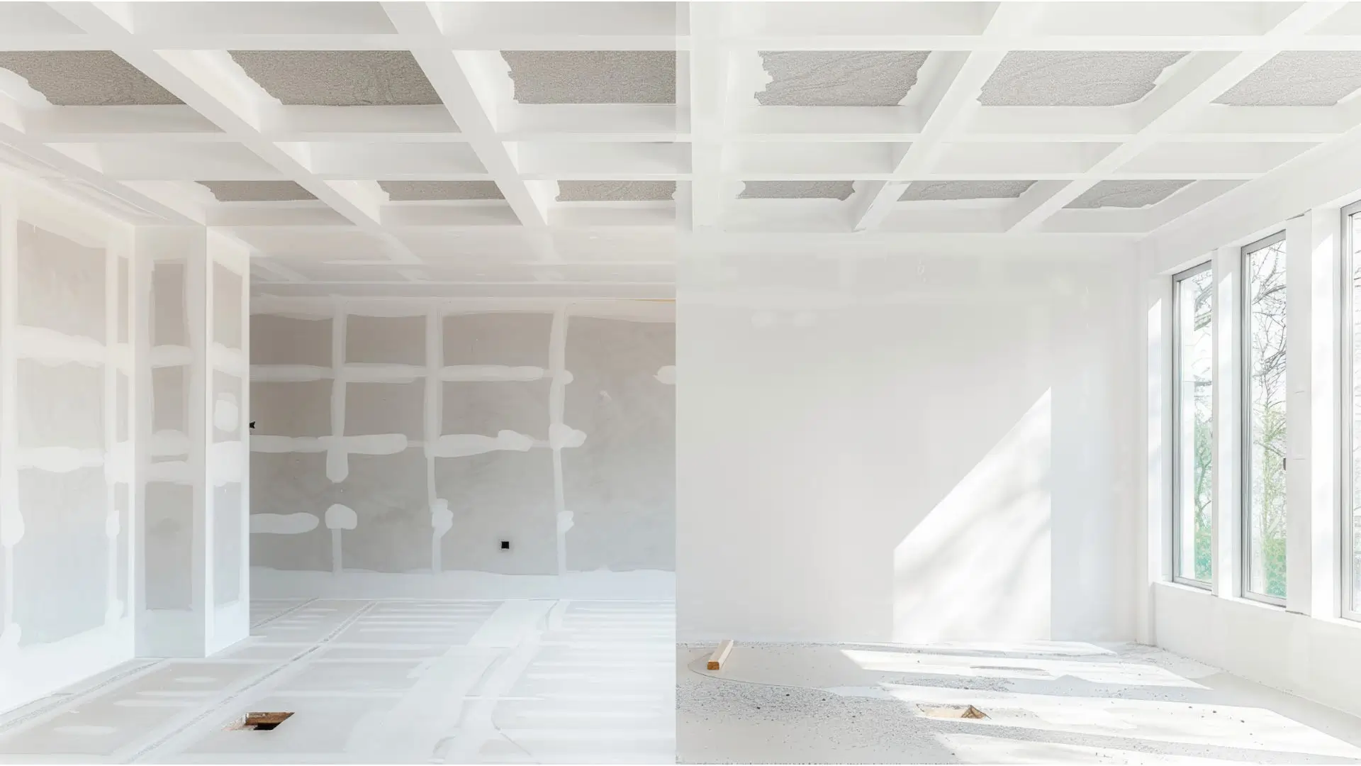 Before and after images of a ceiling drywall repair project, emphasizing the transformation and quality of workmanship.