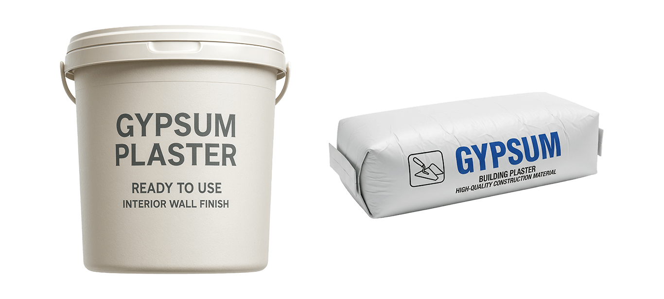 Bucket and bag of plaster powder isolated on a transparent background.