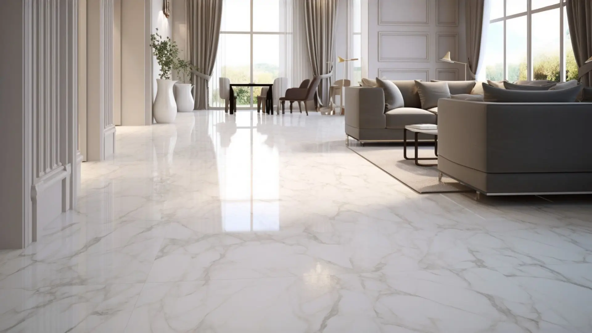 Marble-look Vinyl Tile Flooring, replicating the elegance of marble with a variety of patterns and colors, providing a luxurious and cost-effective solutio.