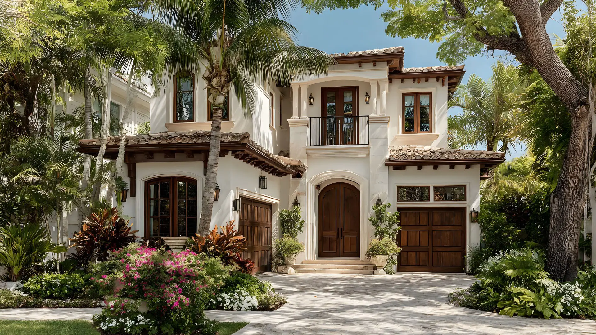 Modern two-story house with white paint, brown garage door.