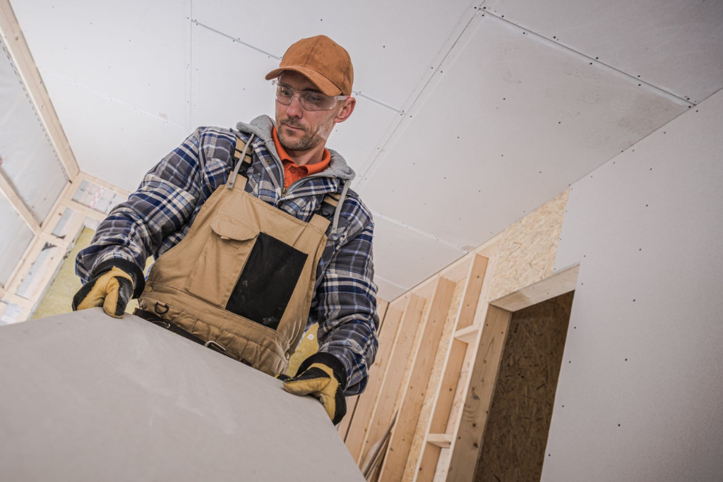 Skilled worker performing drywall services in a home construction project, installing sheetrock drywall material.